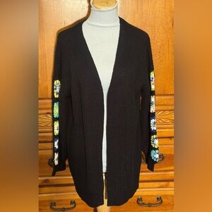 Cupshe Black Sweater Cardigan with Floral Sleeve Accents